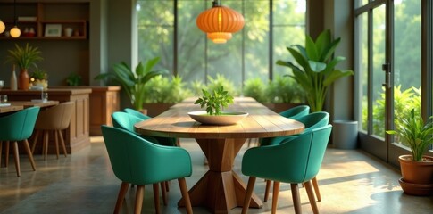 Obraz premium Serene Indoor Dining Area with Lush Greenery and Teal Chairs