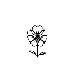 Obraz premium Black and White illustration of a stylized flower, stem, and leaves against a white background.
