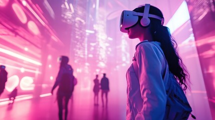 A group of people wearing virtual reality headsets are immersed in a digital environment with vibrant pink and blue lights, suggesting an advanced VR experience or exhibition.