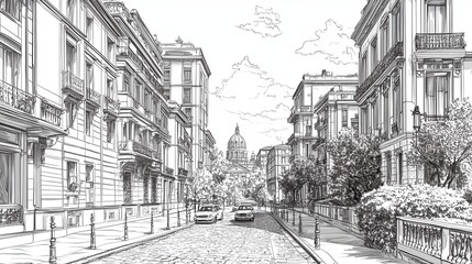Scenic Street View with Classic Architecture and Religious Dome in Background, Hand-Drawn Style Artwork, Urban Landscape
