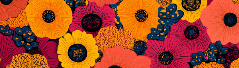 Naklejka premium Bright repeating pattern of textured flowers with African inspired designs for vibrant banners