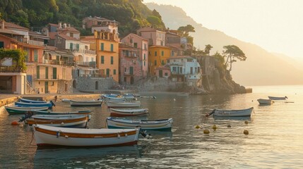 Fototapeta premium Serene Coastal Village with Colorful Houses and Moored Boats