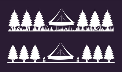 Obraz premium Vector set of camping and adventures illustration with tents, campfire, grass, and trees 