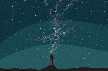 Stargazing, man watching the night sky, background illustration.  Starry night,hand drawn vector illustration.