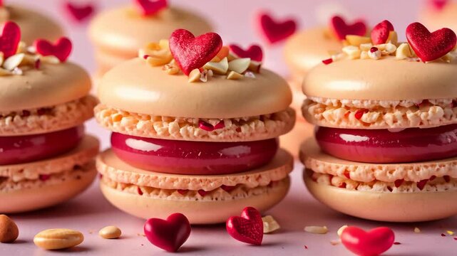 Valentine's Day macrons with red and pink cream, white chocolate filling, and hazelnuts on top.