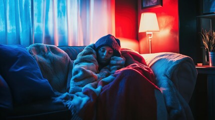 Sick woman wrapped in a blanket, sitting on a couch, feeling unwell and cold