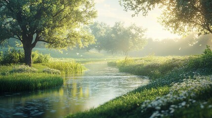 Serene Morning Landscape with Lush Greenery and Tranquil Water