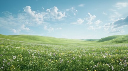 Fototapeta premium Lush Green Meadow with Colorful Wildflowers under a Blue Sky