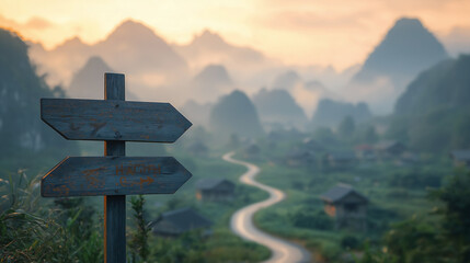Sleek Wooden Arrow Signpost in Focus with Ha Giang's Towering Karst Mountains, Lush Green Valleys, Traditional Stilt Houses, and Soft Morning Mist in Northern Vietnam