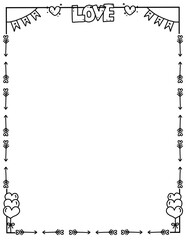 Valentine’s day border. Valentine's day frame. love heart doodle border. doodle borders and frames. Hand drawn borders clipart black and white. 