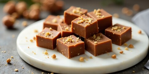 A delightful assortment of rich, creamy fudge squares, delicately sprinkled with crunchy nut pieces, artfully arranged on a smooth, elegant serving plate.