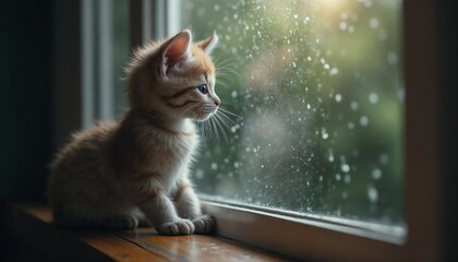 Thoughtful orange kitten sitting by a rainy window, serene mood, indoor environment