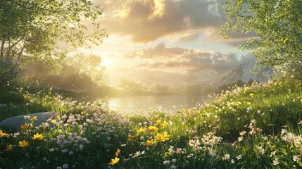 Obraz premium Serene Nature Landscape with Flowers and Sunset Over Still Water