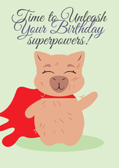 Superhero-themed birthday card featuring a capybara with a red cape on a blue background. Perfect for kids' birthdays, hero-inspired celebrations, party invitations, and greeting cards
