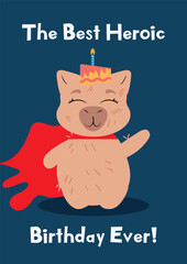 Superhero-themed birthday card featuring a capybara with a red cape on a blue background. Perfect for kids' birthdays, hero-inspired celebrations, party invitations, and greeting cards