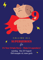 Superhero-themed birthday card featuring a capybara with a red cape on a blue background. Perfect for kids' birthdays, hero-inspired celebrations, party invitations, and greeting cards