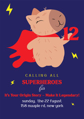 Superhero-themed birthday card featuring a capybara with a red cape on a blue background. Perfect for kids' birthdays, hero-inspired celebrations, party invitations, and greeting cards