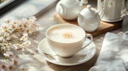 Serene Morning Coffee Scene with Flowers and Elegant Teaware