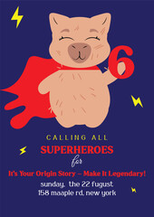 Superhero-themed birthday card featuring a capybara with a red cape on a blue background. Perfect for kids' birthdays, hero-inspired celebrations, party invitations, and greeting cards