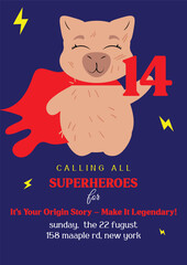 Superhero-themed birthday card featuring a capybara with a red cape on a blue background. Perfect for kids' birthdays, hero-inspired celebrations, party invitations, and greeting cards