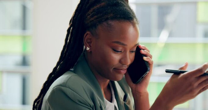 Frustrated, black woman and phone call with headache or difficult customer for financial crisis or debt at office. Female person, consultant or disappointed agent with migraine on mobile smartphone