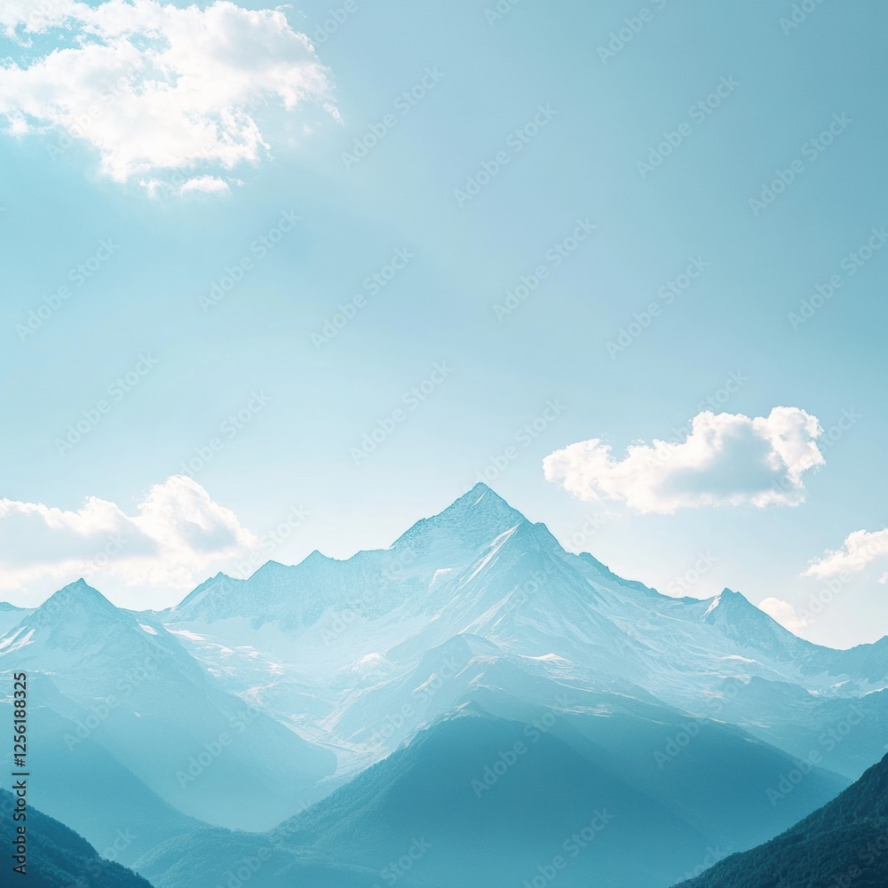 Poster Majestic mountain range under soft clouds in a clear blue sky with ample space for creative expression. Generative AI