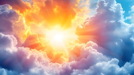 Vibrant sunset sky with bright sun shining through clouds in a scenic panorama background