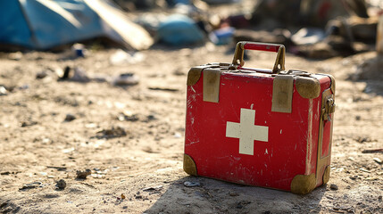 Vintage first aid kit sitting outdoors in a distressed environment, hinting at emergency response or medical assistance needed.