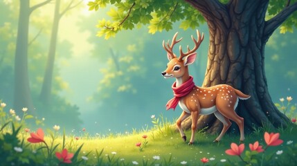 A Gentle Fawn in a Sun-Dappled Forest Meadow, Wearing a Scarlet Neck Scarf, Stands Serene Near a Majestic Tree Trunk