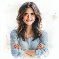 Smiling Young Woman Portrait, Watercolor Style