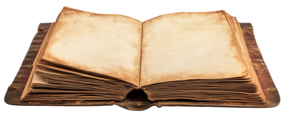 Ancient book with blank pages and worn cover isolated on transparent background.