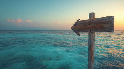 Large Wooden Arrow Signpost in the Maldives with Crystal-Clear Turquoise Waters, Golden Sunset Sky, and Rustic Wood Grain Details Leading to Paradise