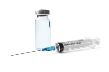 Medical syringe and glass vial with a metal cap filled with liquid medication or vaccine, antibiotic ampoule isolated on a transparent background