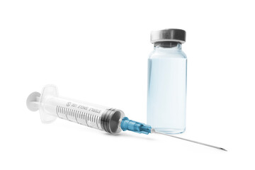 Medical syringe and glass vial with a metal cap filled with liquid medication or vaccine, antibiotic ampoule isolated on a transparent background