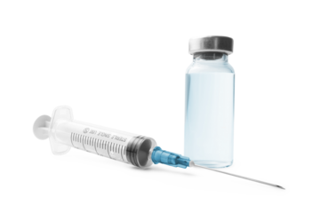 Medical syringe and glass vial with a metal cap filled with liquid medication or vaccine, antibiotic ampoule isolated on a transparent background