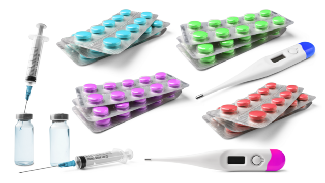 Medical digital thermometer, syringe and glass vial with liquid medication, vaccine, blister packs of pills, prescription medication, isolated on a transparent background