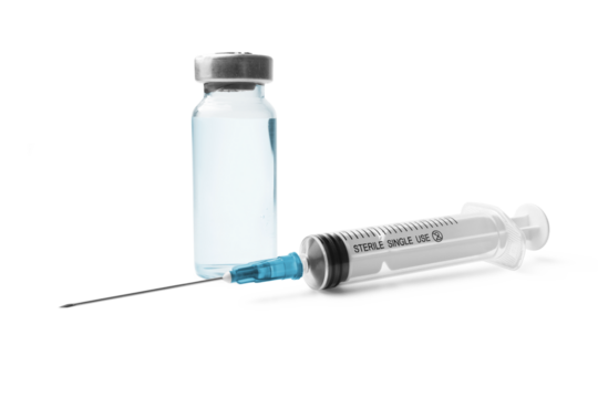 Medical syringe and glass vial with a metal cap filled with liquid medication or vaccine, antibiotic ampoule isolated on a transparent background