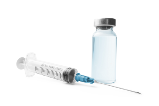 Medical syringe and glass vial with a metal cap filled with liquid medication or vaccine, antibiotic ampoule isolated on a transparent background
