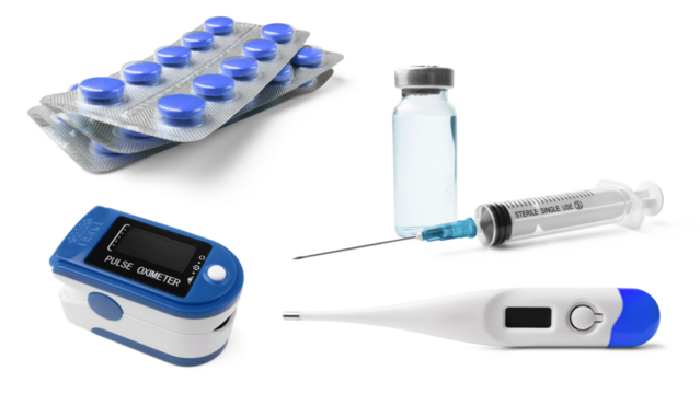 Medical digital thermometer, syringe and glass vial with liquid medication, vaccine, pulse oximeter for monitoring blood oxygen saturation, blister packs of pills, isolated on a transparent background - Powered by Adobe