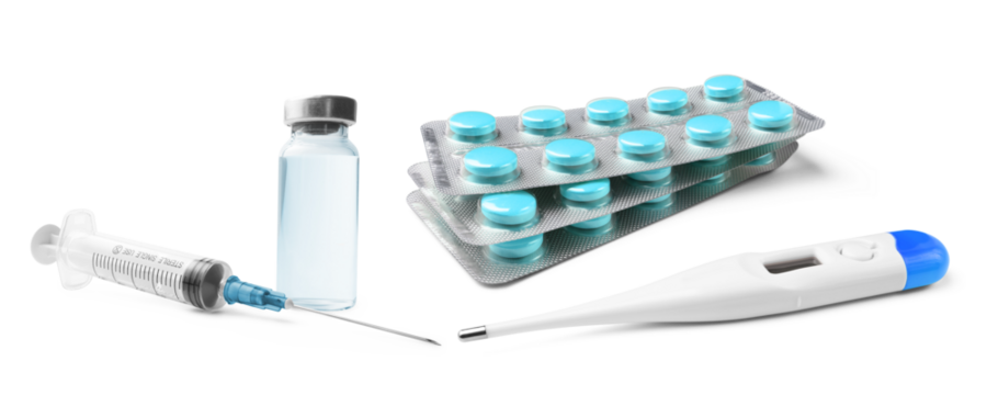 Medical digital thermometer, syringe and glass vial with liquid medication, vaccine, blister packs of pills, prescription medication, isolated on a transparent background