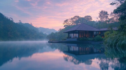 Fototapeta premium Tranquil lakeside view of modern house at dawn with colorful sky