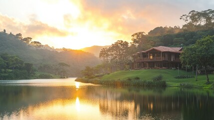 Fototapeta premium Serene Lakeside Cabin at Sunrise with Mist and Vibrant Colors