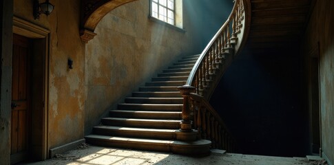 A sunlit, aged wooden staircase curves elegantly within a decaying building, its worn steps and balustrade hinting at forgotten grandeur and bygone eras