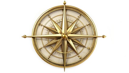 Antique Brass Compass Rose on White Background
