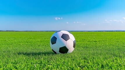 Soccer Ball on Lush Green Field Under a Bright Blue Sky
