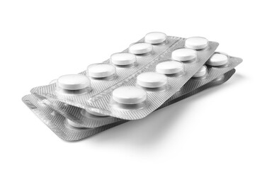Group of blister packs of prescription medication, antibiotic pills, painkillers, isolated on a transparent background. Healthcare and medical treatment concept