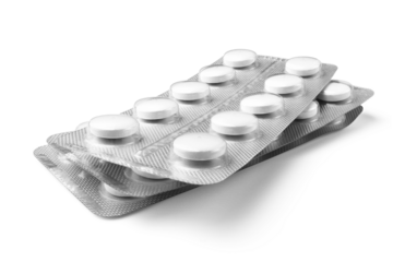 Group of blister packs of prescription medication, antibiotic pills, painkillers, isolated on a transparent background. Healthcare and medical treatment concept