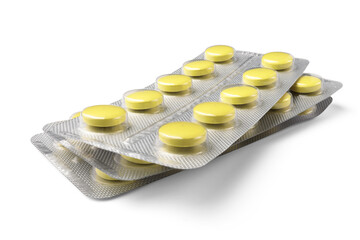 Group of blister packs of prescription medication, antibiotic pills, painkillers, isolated on a transparent background. Healthcare and medical treatment concept