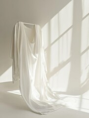 Elegant minimalist clothing display on a white background showcasing fluid fabric drapes in soft lighting. Generative AI