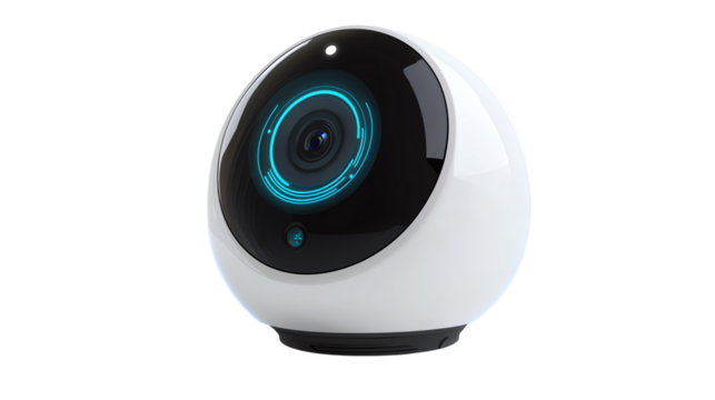 Modern spherical security camera isolated on transparent background.
